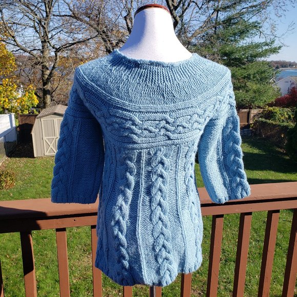 Sweater Wool Blend Celtic Cable Lt Blue GAP Sz XS - Picture 6 of 12